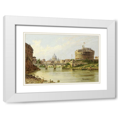 The Tiber With The Castel SantAngelo and St.Peters, Rome White Modern Wood Framed Art Print with Double Matting by Brandeis, Antonietta