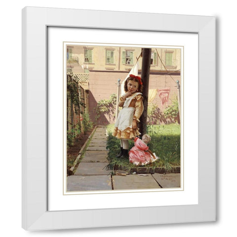 Young Girl In a New York Garden White Modern Wood Framed Art Print with Double Matting by Brown, John George