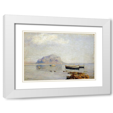 A Calm With Fishing Boats In The Bay of Naples White Modern Wood Framed Art Print with Double Matting by Carelli, Giuseppe