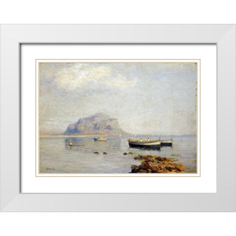 A Calm With Fishing Boats In The Bay of Naples White Modern Wood Framed Art Print with Double Matting by Carelli, Giuseppe