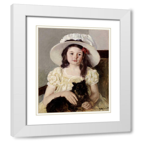 Francoise Holding a Little Black Dog White Modern Wood Framed Art Print with Double Matting by Cassatt, Mary