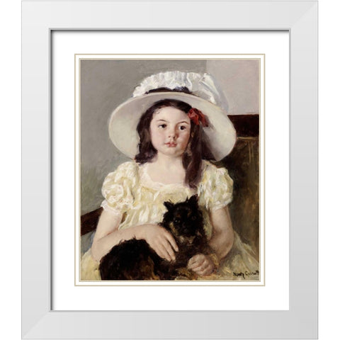 Francoise Holding a Little Black Dog White Modern Wood Framed Art Print with Double Matting by Cassatt, Mary
