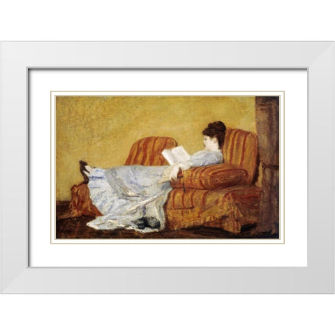 Young Lady Reading White Modern Wood Framed Art Print with Double Matting by Cassatt, Mary