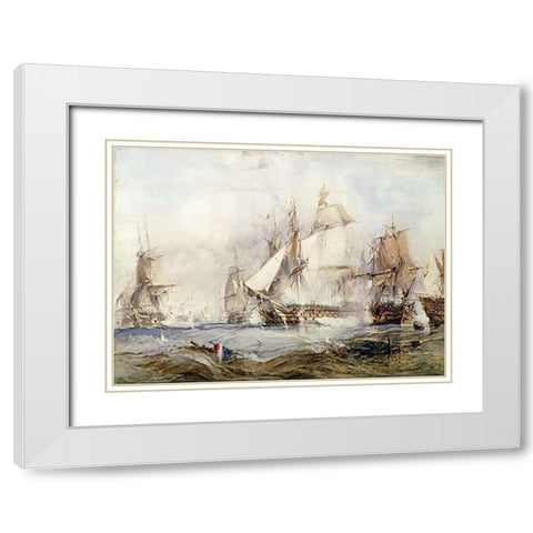 The Battle of Traflagar White Modern Wood Framed Art Print with Double Matting by Chambers, George