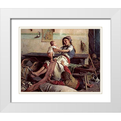 Playing With Baby White Modern Wood Framed Art Print with Double Matting by Chierici, Gaetano