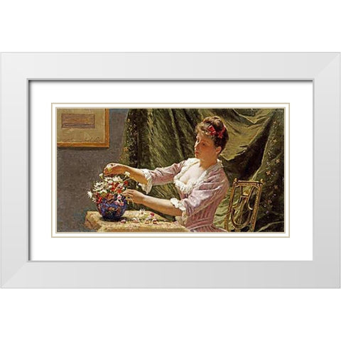 A Young Woman Arranging Flowers White Modern Wood Framed Art Print with Double Matting by Claus, Emile