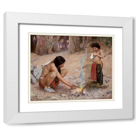 The Campfire White Modern Wood Framed Art Print with Double Matting by Couse, Eanger Irving
