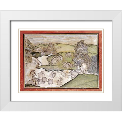 Elephants Bathing White Modern Wood Framed Art Print with Double Matting by Devgarh
