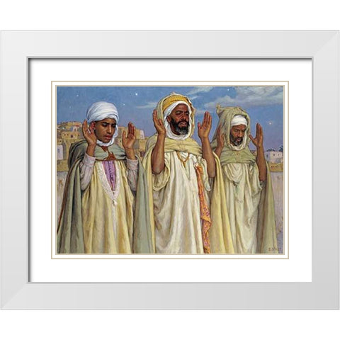 Prayers at LAube White Modern Wood Framed Art Print with Double Matting by Dinet, Alphonse-Etienne