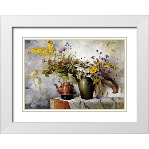 Cornflowers, Daisies and Other Flowers In a Vase White Modern Wood Framed Art Print with Double Matting by Fischer, Carl H.