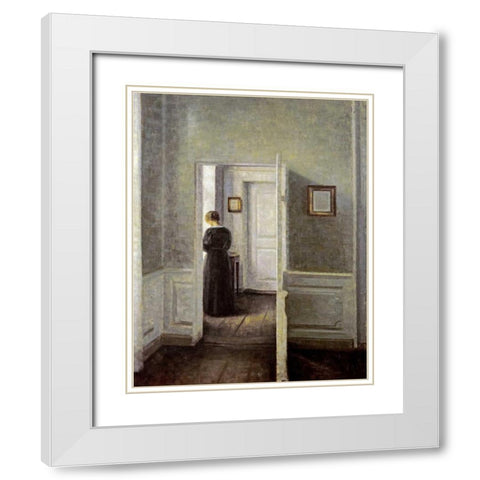 An Interior With a Woman White Modern Wood Framed Art Print with Double Matting by Hammershoi, Vilhelm