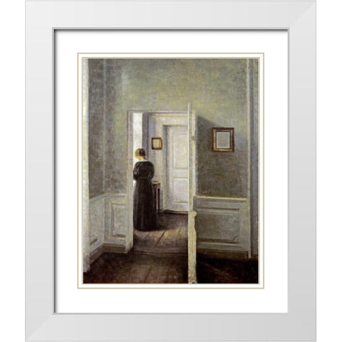 An Interior With a Woman White Modern Wood Framed Art Print with Double Matting by Hammershoi, Vilhelm