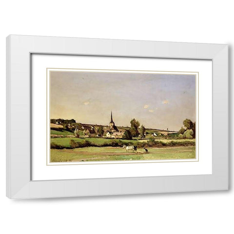An Extensive Landscape With a Ploughman White Modern Wood Framed Art Print with Double Matting by Harpignies, Henri Joseph