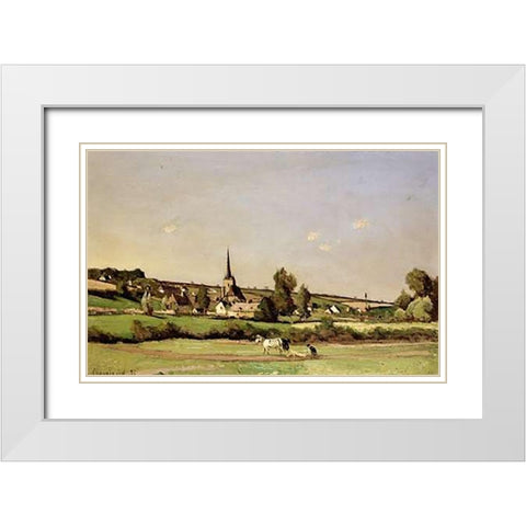 An Extensive Landscape With a Ploughman White Modern Wood Framed Art Print with Double Matting by Harpignies, Henri Joseph