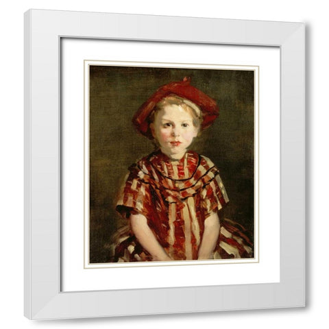 Little Girl In Red Stripes White Modern Wood Framed Art Print with Double Matting by Henri, Robert