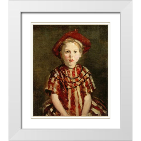 Little Girl In Red Stripes White Modern Wood Framed Art Print with Double Matting by Henri, Robert