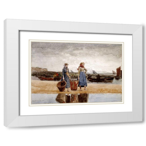 Two Girls on The Beach, Tynemouth White Modern Wood Framed Art Print with Double Matting by Homer, Winslow