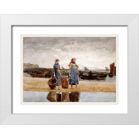 Two Girls on The Beach, Tynemouth White Modern Wood Framed Art Print with Double Matting by Homer, Winslow