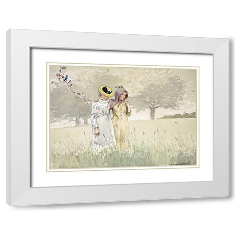Girls Strolling In An Orchard White Modern Wood Framed Art Print with Double Matting by Homer, Winslow