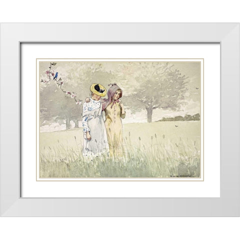 Girls Strolling In An Orchard White Modern Wood Framed Art Print with Double Matting by Homer, Winslow