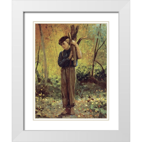 Boy Holding Logs White Modern Wood Framed Art Print with Double Matting by Homer, Winslow
