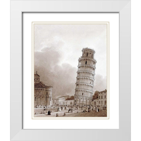 The Leaning Tower White Modern Wood Framed Art Print with Double Matting by Isabey, Jean Baptiste
