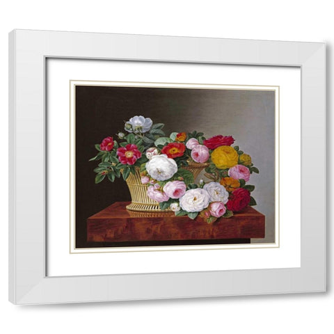 Still Life of Roses In a Basket on a Ledge White Modern Wood Framed Art Print with Double Matting by Jensen, Johan Laurents
