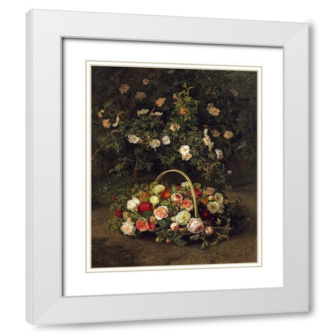 Roses In a Basket Beside a Rose Bush White Modern Wood Framed Art Print with Double Matting by Jensen, Johan Laurents