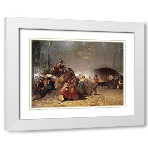 The Party In The Maple Sugar Camp White Modern Wood Framed Art Print with Double Matting by Johnson, Eastman