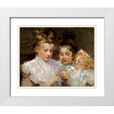 Berthe and Marjorie With Their Doll White Modern Wood Framed Art Print with Double Matting by MacMonnies, Frederic William