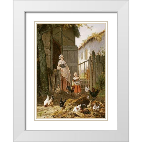 Feeding The Chickens White Modern Wood Framed Art Print with Double Matting by Maes, Eugene Remy