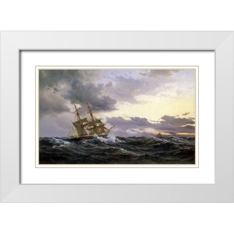 Sailing Vessels In a Stormy Sea White Modern Wood Framed Art Print with Double Matting by Melbye, Wilhelm