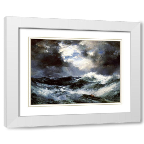 Moonlit Shipwreck at Sea White Modern Wood Framed Art Print with Double Matting by Moran, Thomas