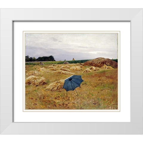 The Blue Umbrella White Modern Wood Framed Art Print with Double Matting by Pearce, Charles Sprague