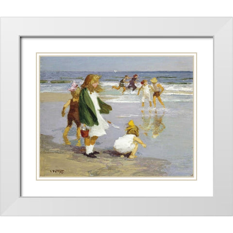 Play In The Surf White Modern Wood Framed Art Print with Double Matting by Potthast, Edward Henry
