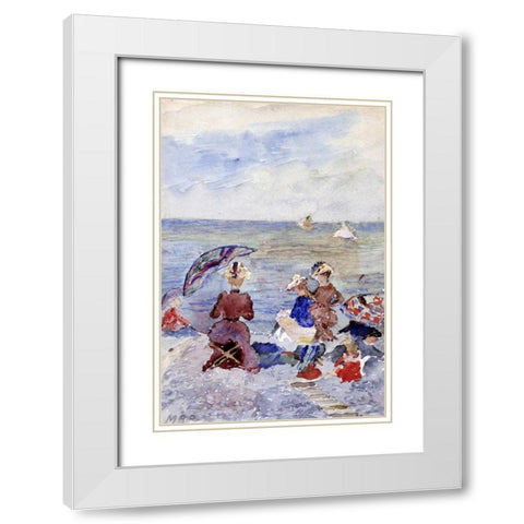 Figures on The Beach White Modern Wood Framed Art Print with Double Matting by Prendergast, Maurice Brazil