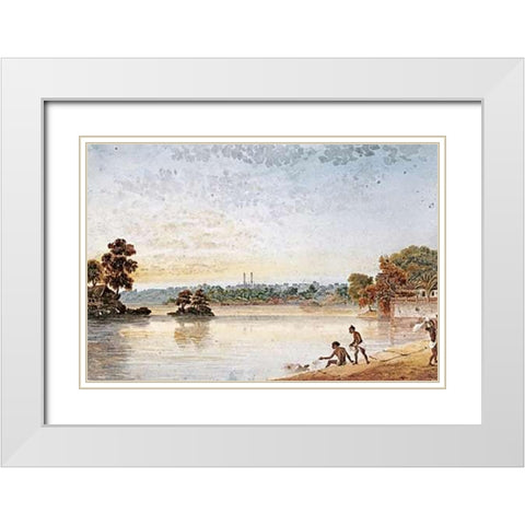 Benares From The Mundakinee Tulao White Modern Wood Framed Art Print with Double Matting by Prinsep, James