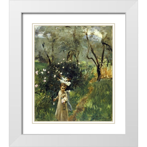 Gathering Flowers at Twilight White Modern Wood Framed Art Print with Double Matting by Sargent, John Singer