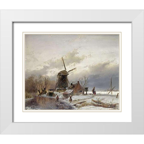 A Frozen River Landscape With a Windmill White Modern Wood Framed Art Print with Double Matting by Schelfhout, Andreas