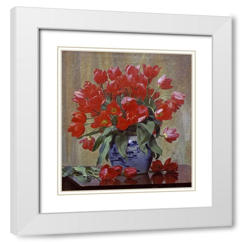 Tulips In a Porcelain Vase White Modern Wood Framed Art Print with Double Matting by Schou, Peter Johan