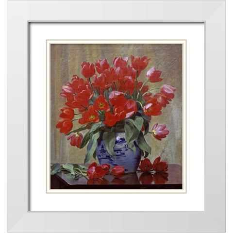 Tulips In a Porcelain Vase White Modern Wood Framed Art Print with Double Matting by Schou, Peter Johan