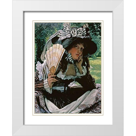 Girl With a Fan White Modern Wood Framed Art Print with Double Matting by Tissot, James Jacques