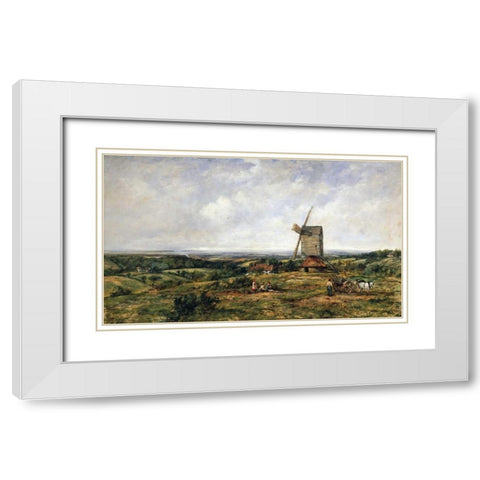 An Extensive Landscape With Figures By a Windmill White Modern Wood Framed Art Print with Double Matting by Watts, Frederick Waters