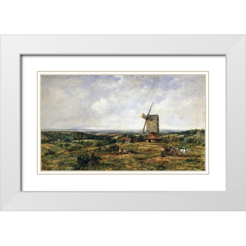 An Extensive Landscape With Figures By a Windmill White Modern Wood Framed Art Print with Double Matting by Watts, Frederick Waters