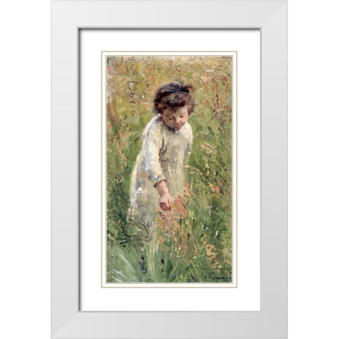 Picking Flowers White Modern Wood Framed Art Print with Double Matting by Wegmann, Bertha