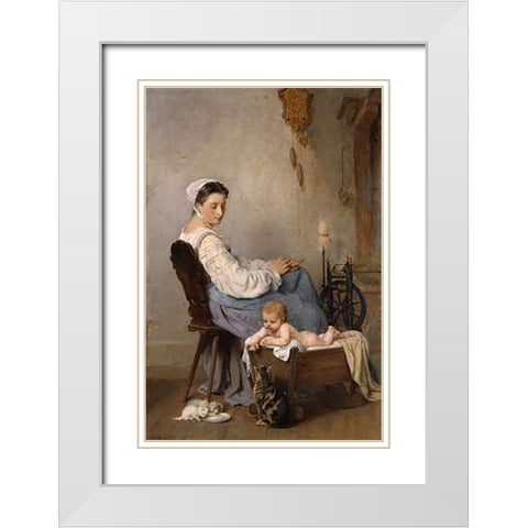 Watching The Kittens White Modern Wood Framed Art Print with Double Matting by Weisz, Adolphe