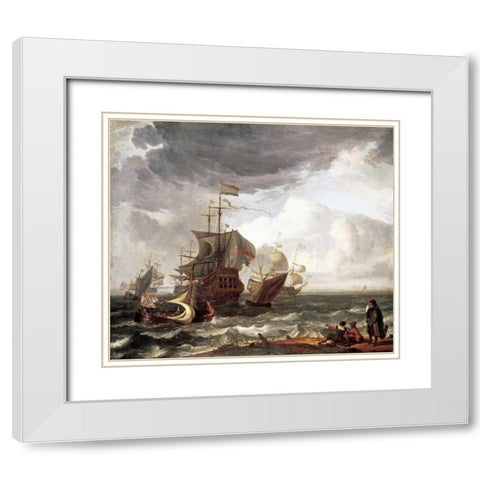 Dutch Warships White Modern Wood Framed Art Print with Double Matting by Backhuysen, Ludolf