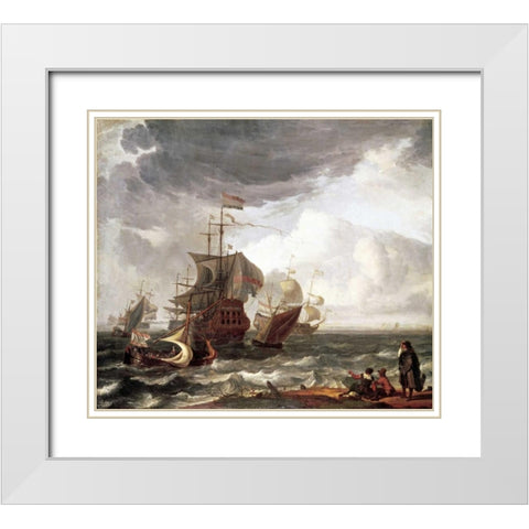 Dutch Warships White Modern Wood Framed Art Print with Double Matting by Backhuysen, Ludolf