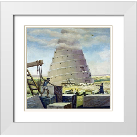 Building The Tower of Babel White Modern Wood Framed Art Print with Double Matting by Bianchini, Vittorio