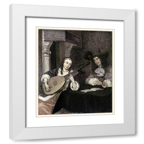 Woman Playing The Lute White Modern Wood Framed Art Print with Double Matting by Ter Borch, Gerard